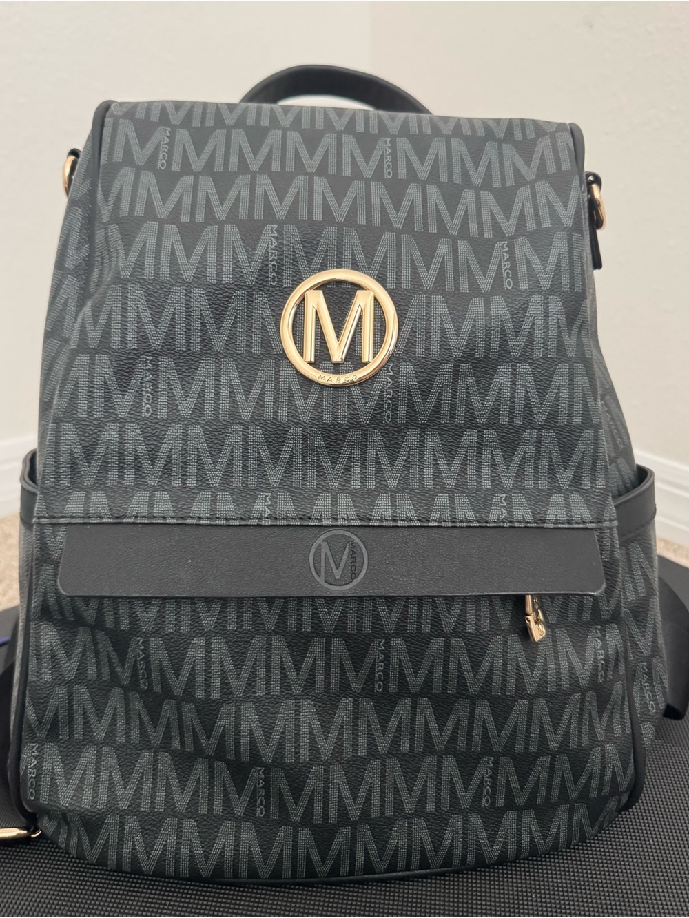 Marc Ecko Gray & Black Monogram Backpack with Gold M Medallion
